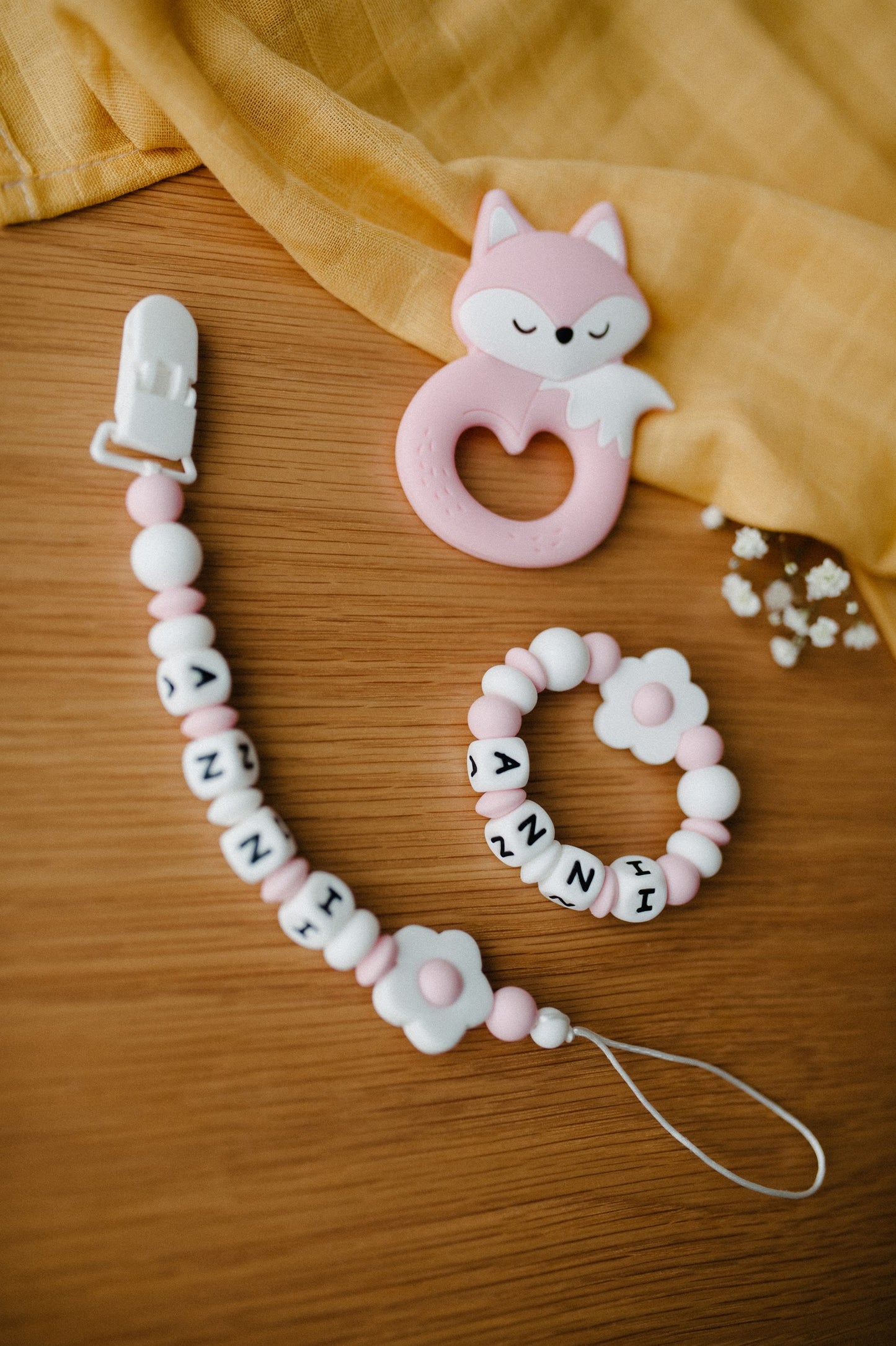 Personalized pacifier holder, personalized teething ring and teether "Foxy"