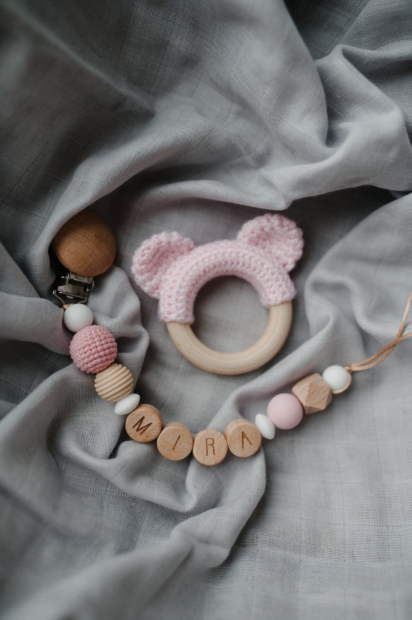 Personalized pacifier holder and crochet teether "Bear ears"
