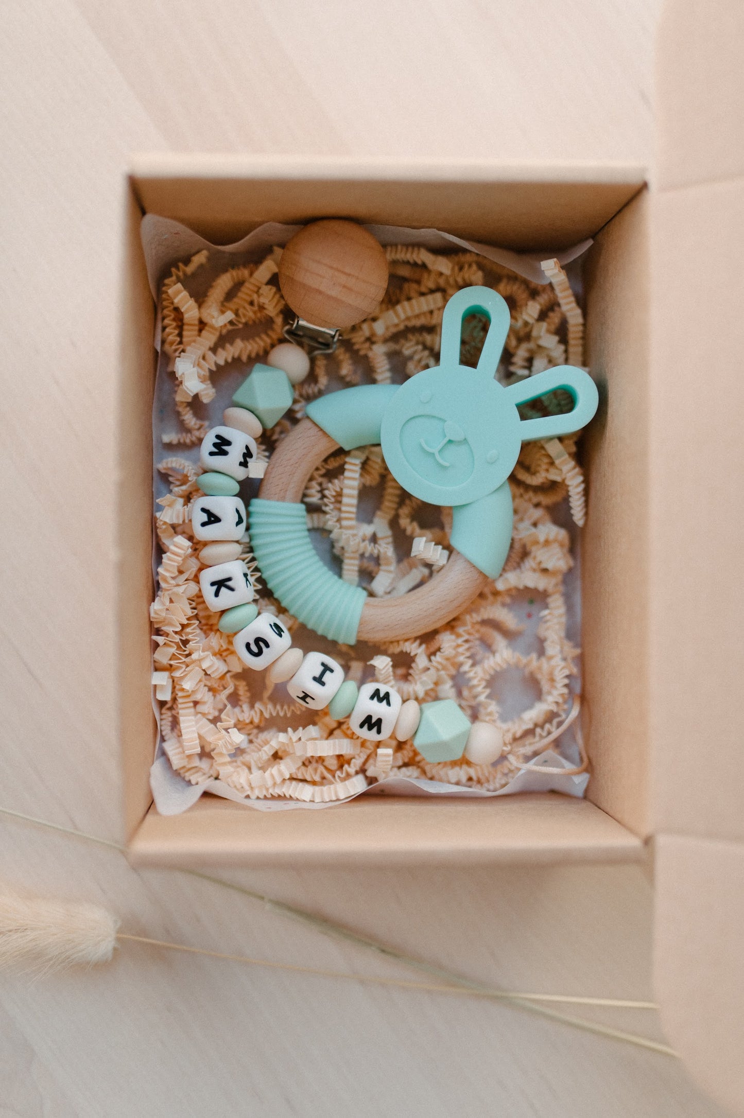 Personalized pacifier holder and teether "Bunny"