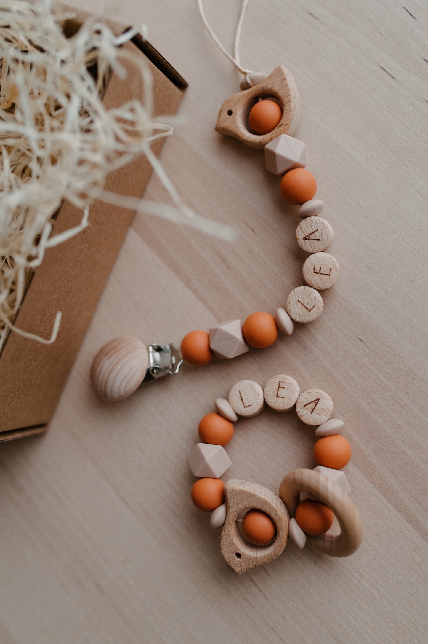 Personalized pacifier holder and personalized teething ring