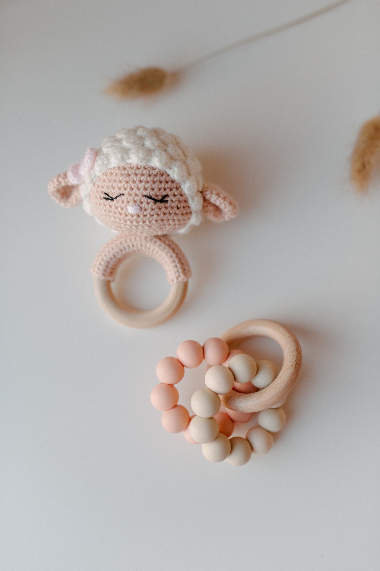 Crochet baby rattle "Sheep" and teething ring