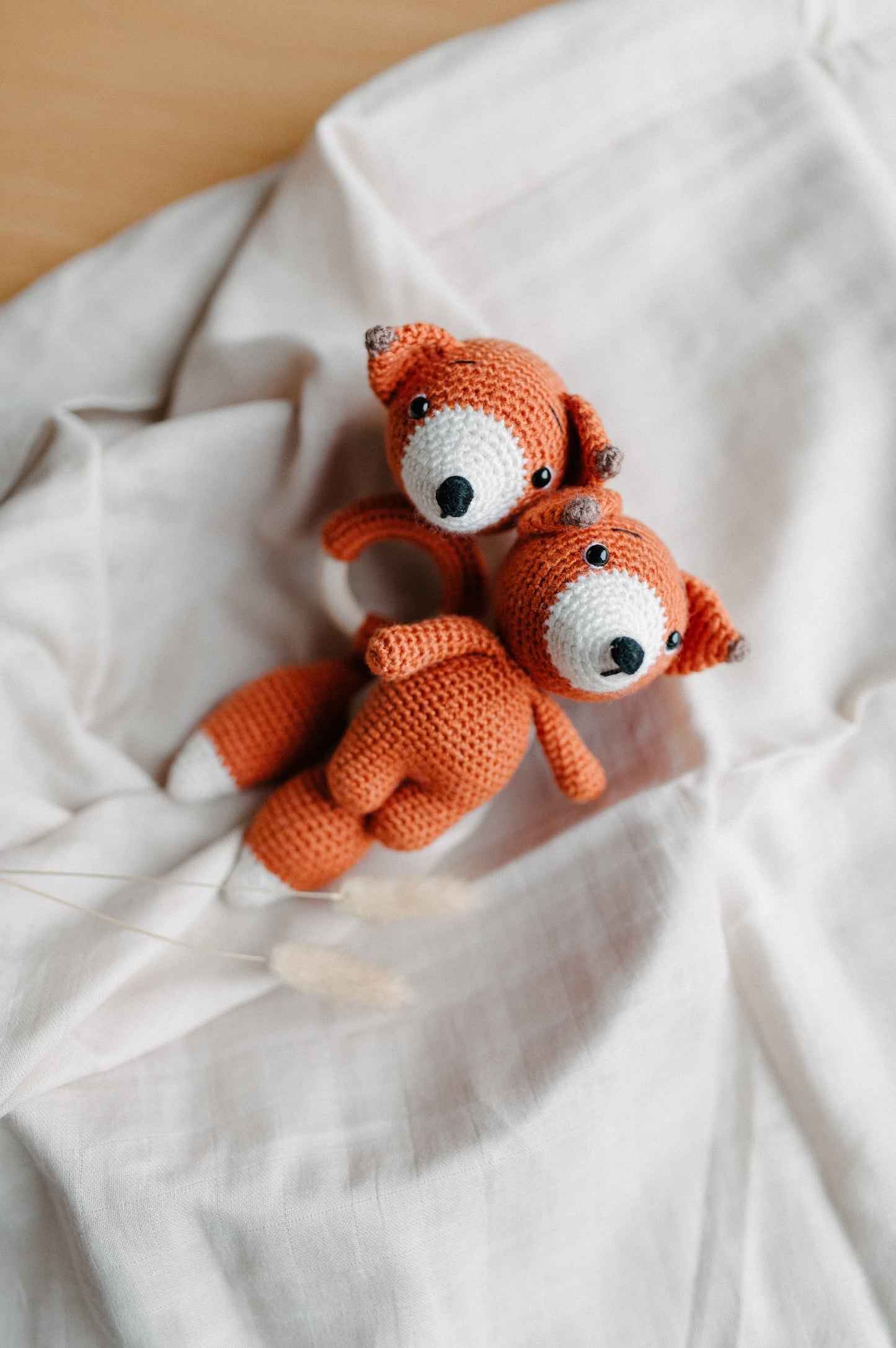 Crochet toy and crochet baby rattle "Foxy"