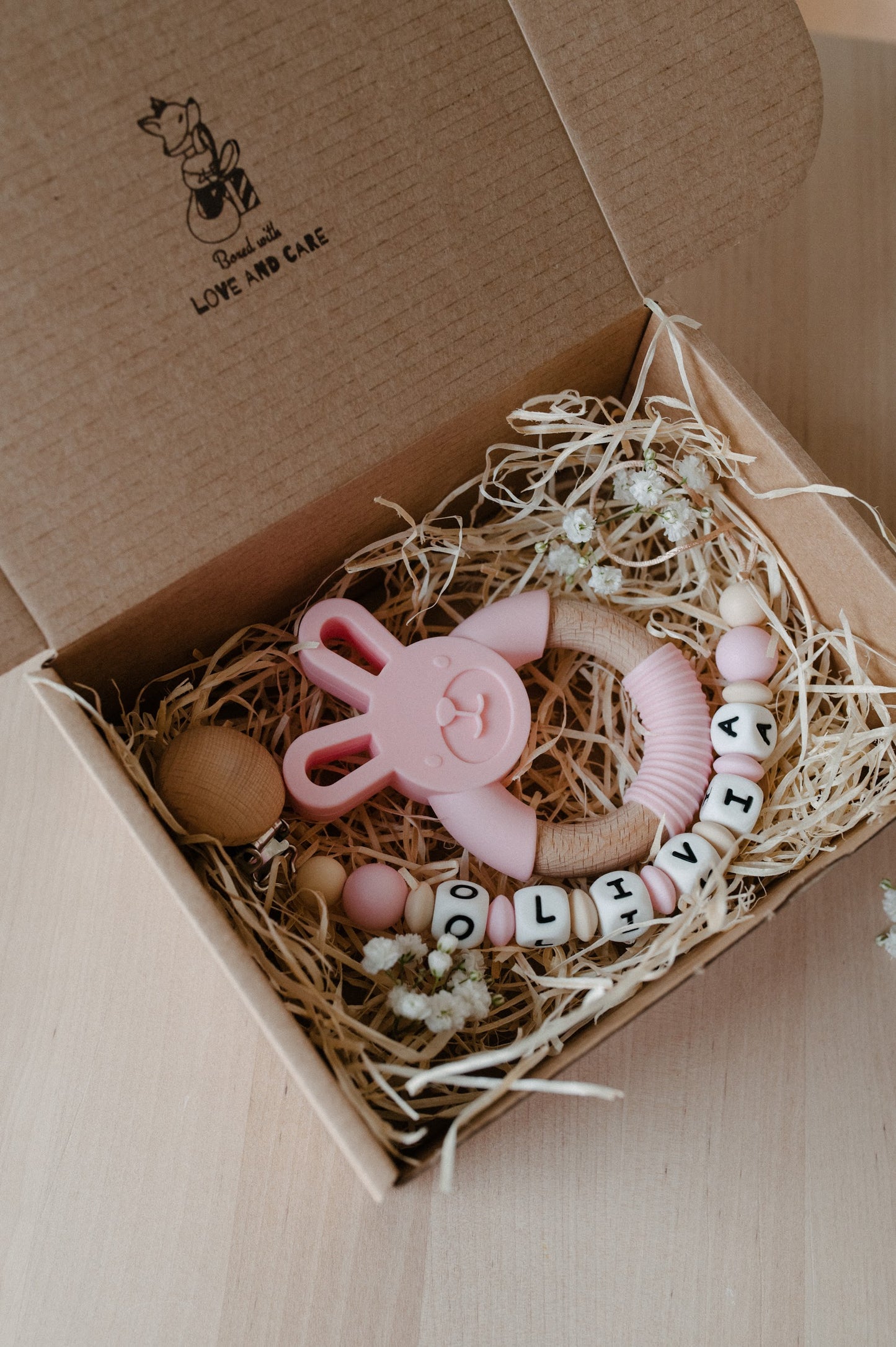 Personalized pacifier holder and teether "Bunny"