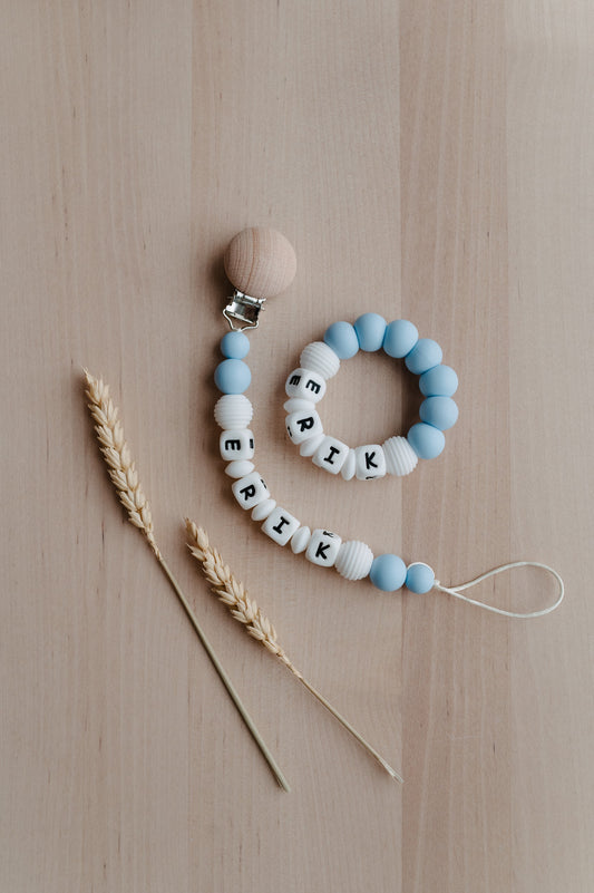 Personalized pacifier holder and personalized teething ring