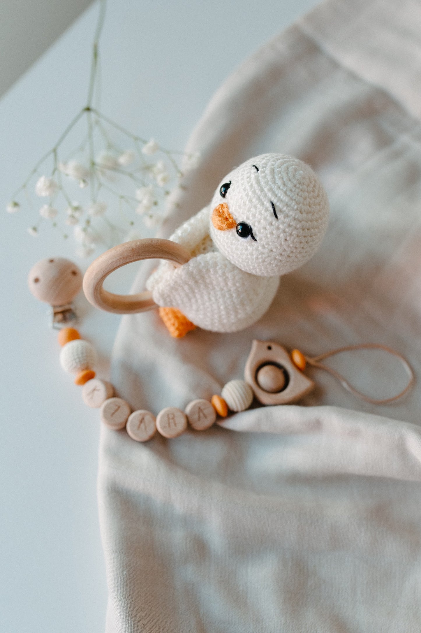 (𝐍𝐄𝐖) Personalized pacifier holder and crochet baby rattle "Bird"
